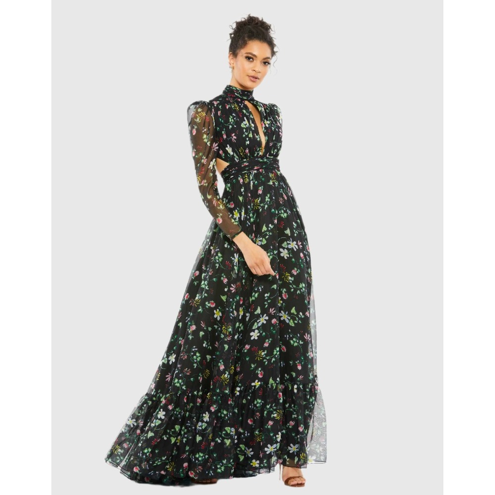 Mac Duggal Maxi Dress Women Size 0 Black Floral 67942 Chiffon Lace Up Gown